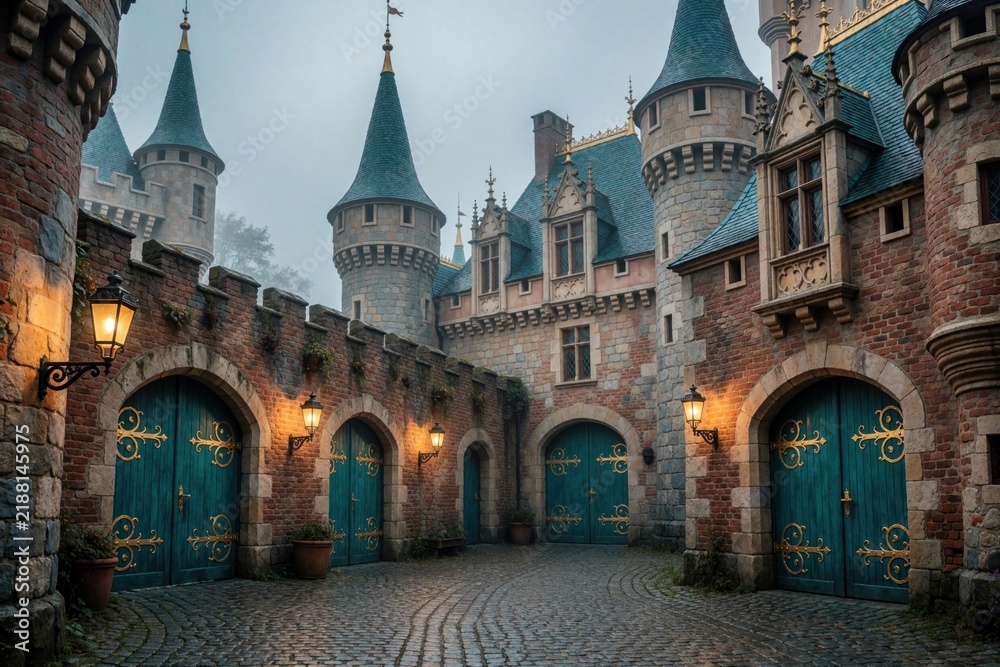 Fototapeta premium Ornate castle courtyard features teal doors with gold accents and brick walls. Stone towers rise under a cloudy sky. Lanterns cast a warm glow on the cobblestone path.