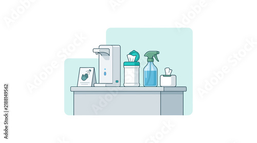 Hygiene Station: Sanitizer, Wipes, Spray Bottle, Tissues, Isolated