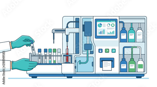Laboratory automation equipment with scientist hands and test tubes