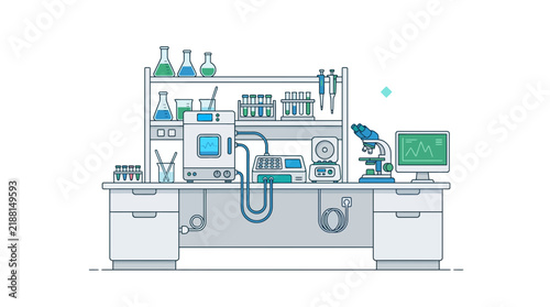 Laboratory Science Research Equipment on Desk, Transparent Background