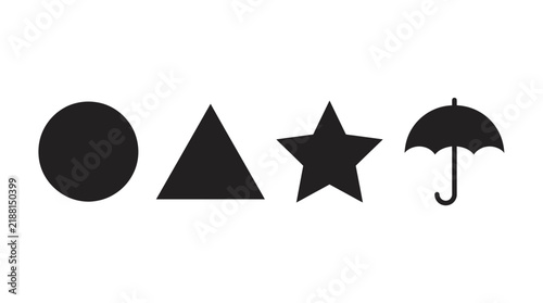 Set of black minimalist geometric shapes including circle triangle star and umbrella icon on white background, representing graphic design assets and illustrating modern interface symbols