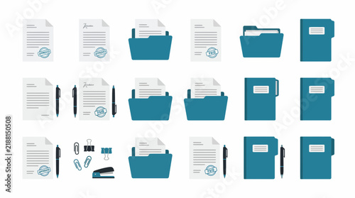 Vector business document icons with approved stamps, teal folders and office stationery, symbolizing professional administrative organization and representing corporate workflow management