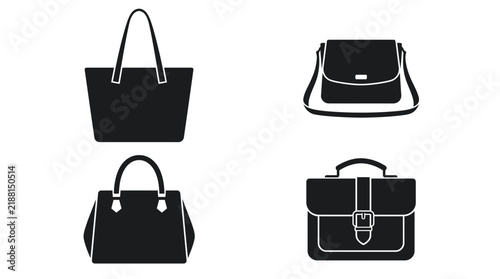 Minimalist black bag icons including tote handbag shoulder bag and briefcase on white background, illustrating fashion retail collection representing professional commercial branding