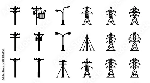 Collection of black silhouettes for electrical power poles and high voltage transmission tower icons on white background, representing energy distribution and utility infrastructure design