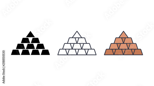 Set of three stacked gold bar icons in flat outline and solid styles isolated on white background, symbolizing financial investment and wealth growth, representing banking assets