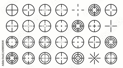Large collection of diverse crosshair target icons and sniper scope aim sights set in minimalist black line style, Focused on precision gaming interface and symbolizing accurate targeting