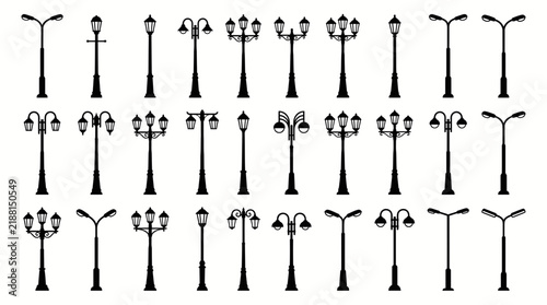Large set of various street lamp silhouettes and vintage outdoor lighting poles isolated on white background, representing urban infrastructure design while provides architectural assets