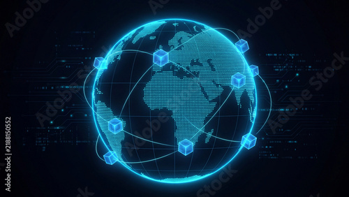 Glowing digital globe constructed from bright blue dots features orbiting translucent cubes representing advanced global connectivity and international network data systems.