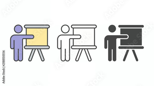 Professional icon set of a person standing next to a presentation board in three styles including color line, outline and silhouette, illustrating workshops, representing leadership skills