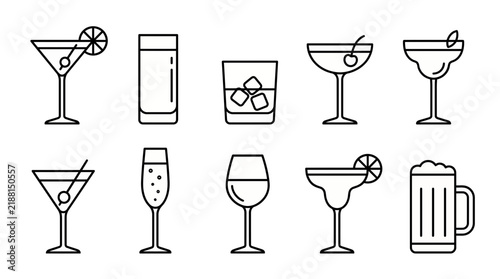 Set of diverse alcoholic beverage icons and glassware line art including martini, beer, wine and cocktails, representing bar menu design and provides assets for nightclub event branding