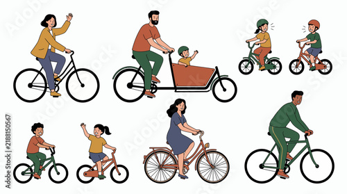 Set of diverse people and children riding various bicycles and cargo bike in minimalist flat vector style, representing sustainable eco transport and illustrating healthy active lifestyle
