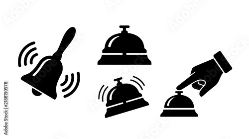 Set of black service bell and hand bell icons with a hand pressing a bell button isolated on white background, symbolizing hotel reception service or customer support desk assistance