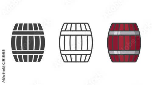 Set of wooden barrel vector icons in solid line and colored styles isolated on white background, provides brewery brand identity and illustrating beverage production storage solutions