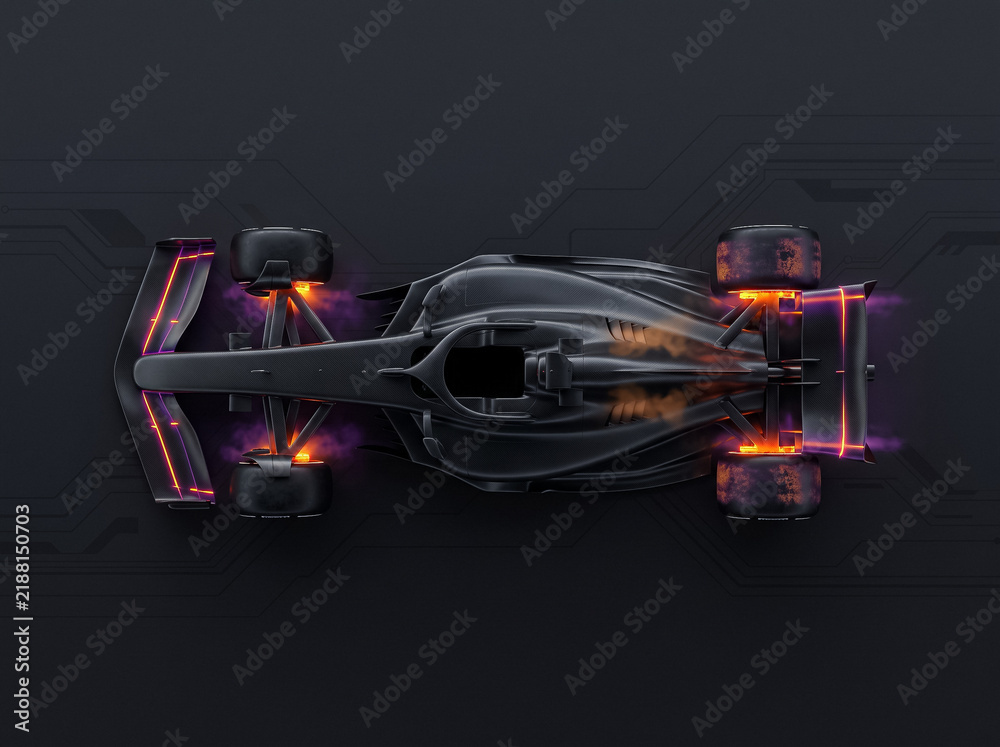Obraz premium black formula one bolide is shown top view with bright fiery glows on wheels and body elements in a futuristic style of high tech blueprint and digital graphics