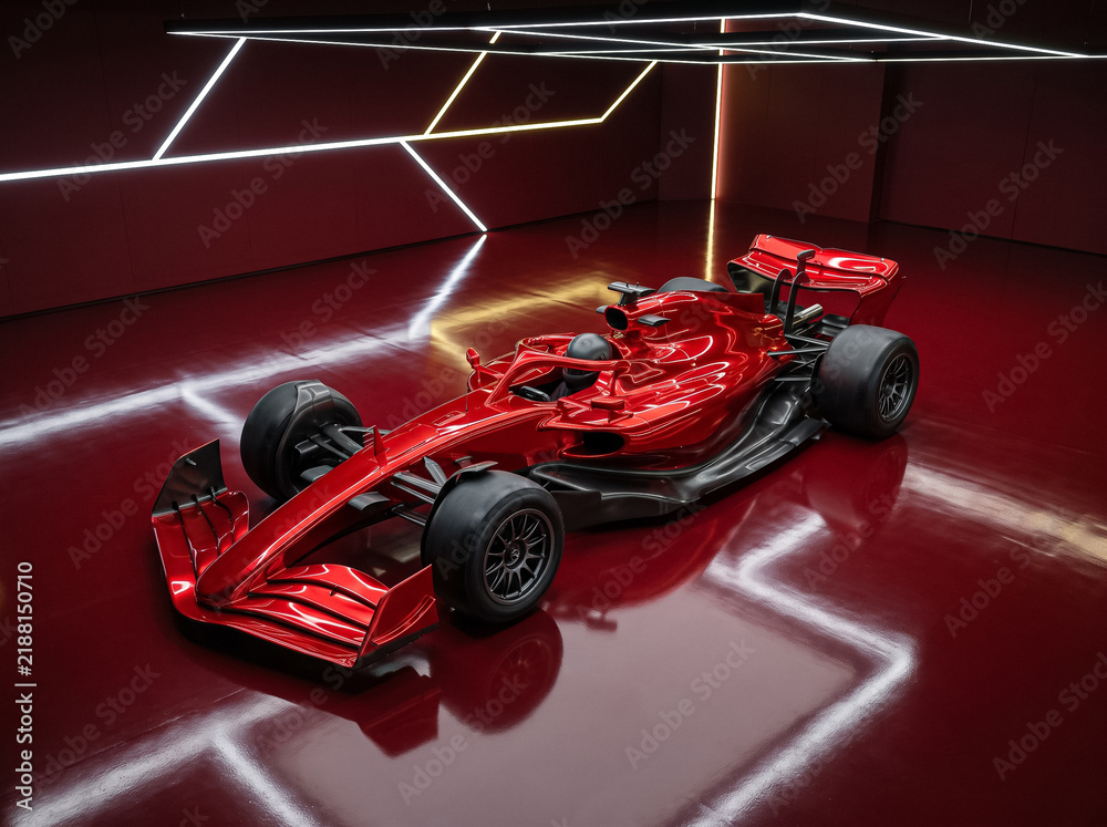 Obraz premium red formula one sports bolide is positioned in a stylish studio with geometric neon ceiling lights and a glossy red floor highlighting power and elegance of motorsport