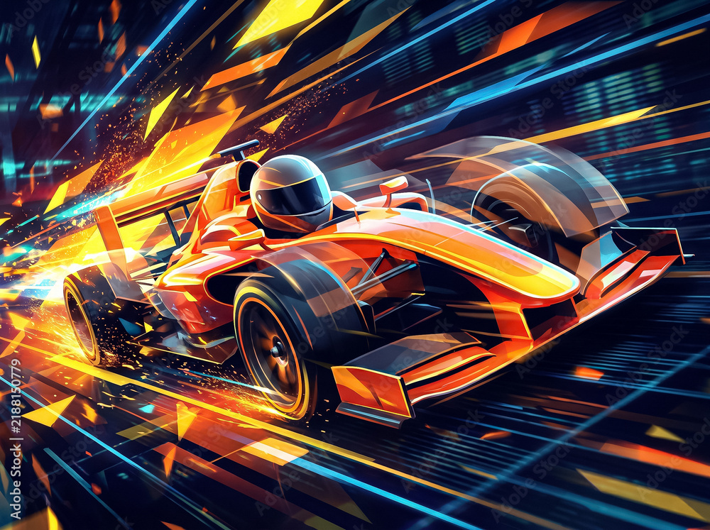 Obraz premium formula 1 race car speeds along the track at high speed leaving bright sparks and dynamic motion lines in a futuristic style