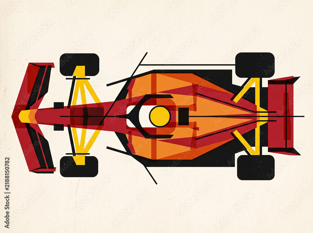 Obraz premium geometric blueprint of a formula 1 race car in top view executed in a minimalistic graphic style with contrasting orange and red tones