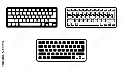 Minimalist computer keyboard vector icon set in black solid and outline styles isolated on white background, illustrating tech hardware representing data entry or office workspace