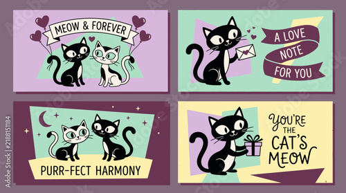 Collection of four cute cartoon cat illustration banners with romantic quotes and heart elements in retro style, Expressing valentine's day greetings and symbolizing pet lover affection