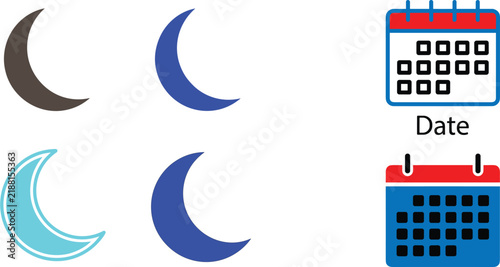 Calendar and Crescent Moon Vector Icon Set Isolated on White Background for Planning and Night Concepts
