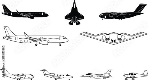 Aircraft Silhouette Collection Vector Set with Commercial Military and Private Airplanes