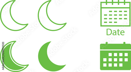 Green Calendar and Crescent Moon Vector Icon Set Isolated on White Background for Planning Tools