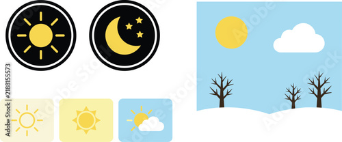 Set of day night mode icons weather forecast symbols sun moon cloud illustration isolated on white background