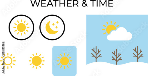 Weather and time icon set featuring sun moon clouds and day night modes for web design