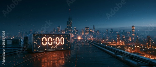 Fototapeta Digital countdown clock showing midnight 00:00 2027 on wet rooftop overlooking glowing city skyline New Year celebration concept