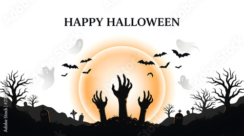 Spooky halloween background featuring zombie hands rising from graveyard before full moon with bats