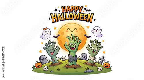 Cute cartoon zombie hands rising from ground in funny halloween themed illustration with funny zombies