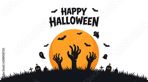 Minimalist halloween graphic with zombie hands rising from grave under bright orange moon