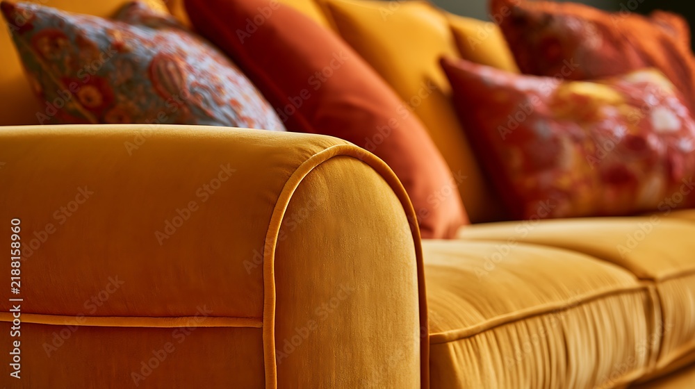 Fototapeta premium Close up of a vibrant yellow velvet sofa with decorative pillows.
