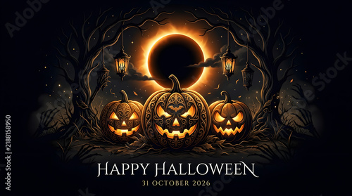 Dark gothic halloween background featuring glowing carved pumpkins under solar eclipse and twisted trees