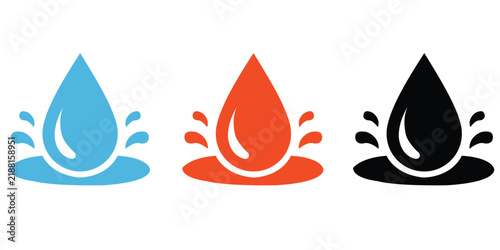 Set of splashing liquid drops and puddle icons in blue, orange, and black