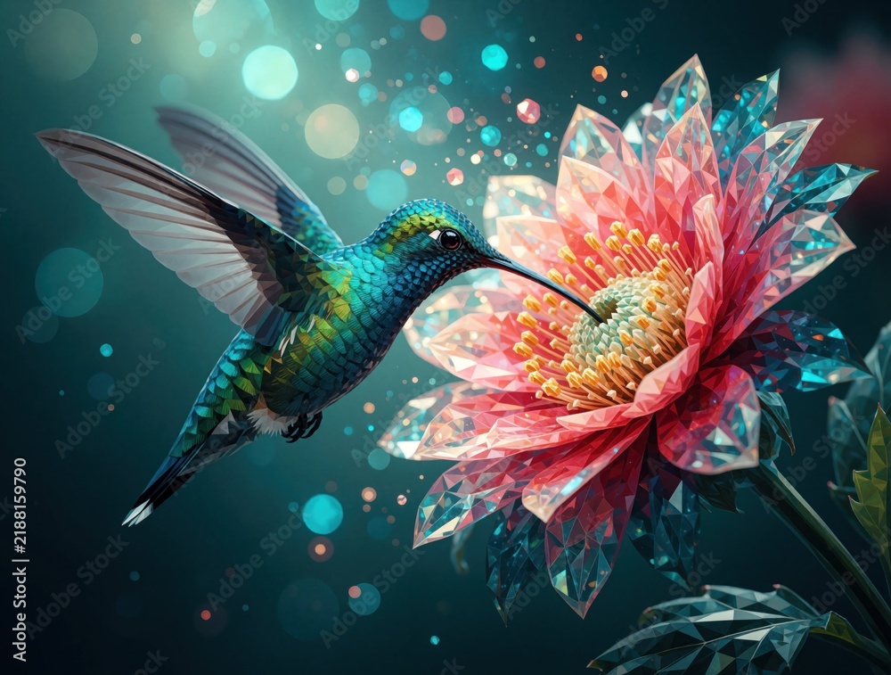 Obraz premium Small bird with bright colors drinks nectar from crystal flower. Tiny hummingbird hovers near detailed bloom, feeding on sweet liquid. Nature fantasy scene with bokeh lights.