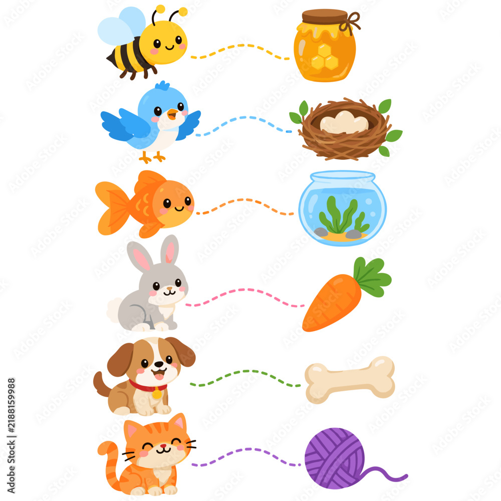 Fototapeta premium Animal Matching Worksheet Illustration for Preschool Cognitive Learning and Educational Game Design