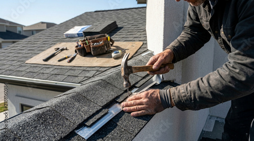 Roofer installing shingles with hammer on residential house roof exterior