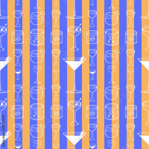 Hand Drawn Cocktail Glasses Seamless Pattern with Blue and Orange Stripes, Vibrant Retro Bar Drink Illustration for Summer Party Background and Textile Print