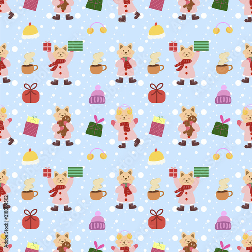 Seamless Winter Holiday Pattern with Cute Foxes Holding Gifts and Gingerbread Cookies Wearing Warm Coats and Scarves on Blue Snowing Background for Wrapping Paper and Textile Design