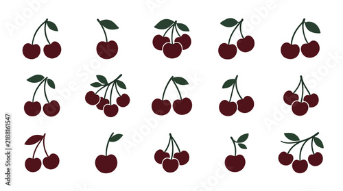 Cherries fruit icon set featuring hand drawn silhouettes and minimal leaves
