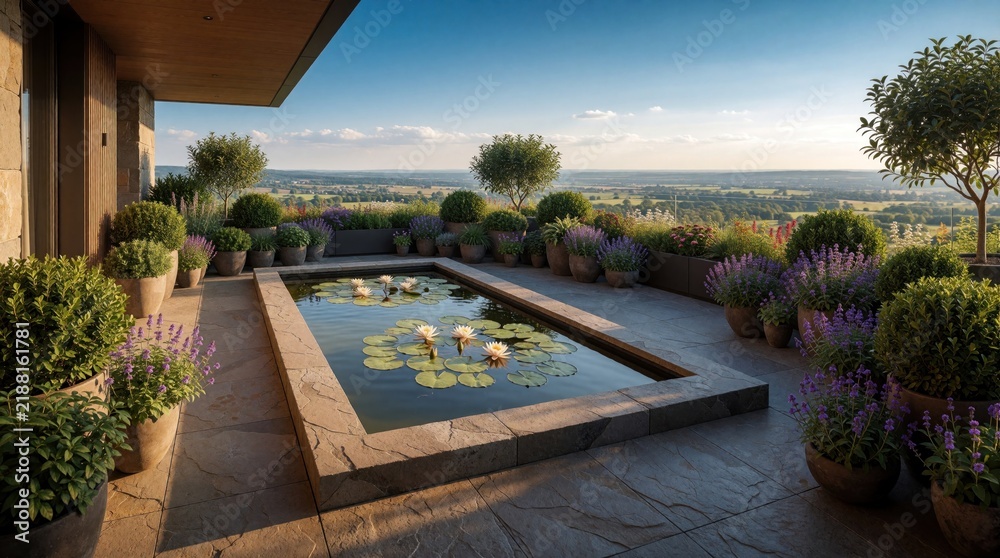 Fototapeta premium Rooftop patio garden with ornamental pond full of water lilies. Potted plants and trees surround pond. Expansive valley view seen from terrace. Sunny day with blue sky.