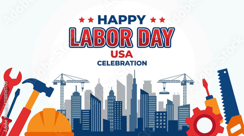 Patriotic USA Labor Day celebration banner with tools and worker silhouettes
