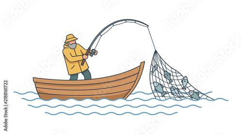 Fisherman catching fish on a boat at sea