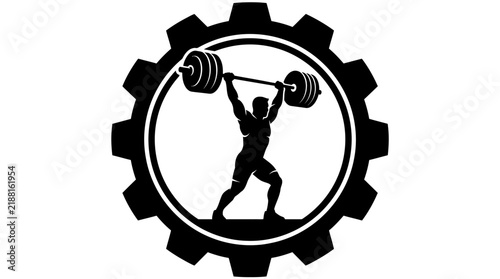 Black silhouette of a weightlifter inside a gear shaped frame