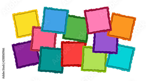 Collection of colorful square sticky notes with torn edges and a frame