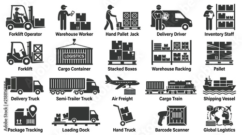 Industrial logistics shipping workers and equipment glyph vector icons set
