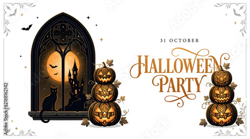Halloween party design with stack of carved pumpkins and black cat silhouette in gothic window, jack o lanter