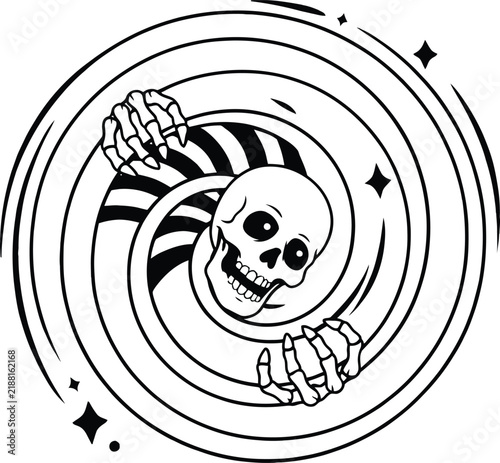 Cartoon skull emerging from a swirling cosmic vortex with skeletal hands black hole cosmic spiral bony hands black white graphic design skeleton halloween
