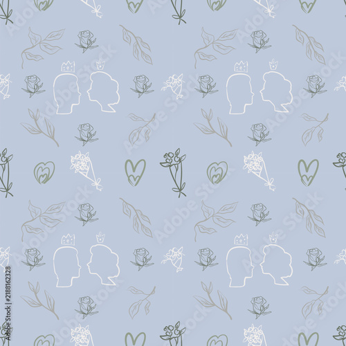Romantic Seamless Pattern with Royal Silhouettes Hearts and Floral Elements on Blue Background